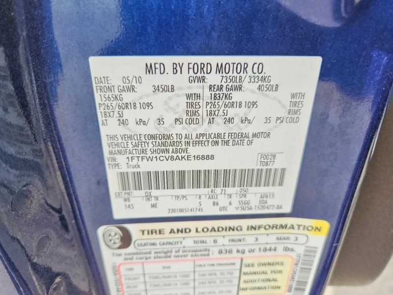 49762946 :رقم المزاد ، 1FTFW1CV8AKE16888 vin ، 2010 Ford F-150 مزاد بيع