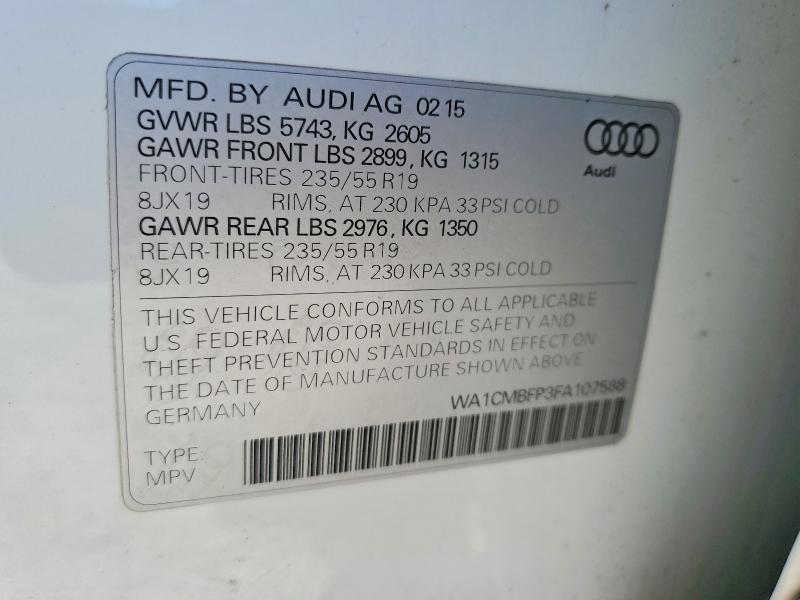 2015 Audi Q5 მანქანა იყიდება აუქციონზე, vin: WA1CMBFP3FA107588, აუქციონის ნომერი: 50652246