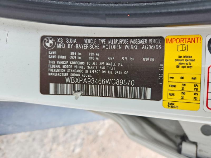 51486706 :رقم المزاد ، WBXPA93466WG89570 vin ، 2006 Bmw X3 مزاد بيع