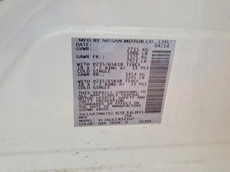 2014 Nissan Pathfinder მანქანა იყიდება აუქციონზე, vin: 5N1AR2MN7EC693680, აუქციონის ნომერი: 48110046