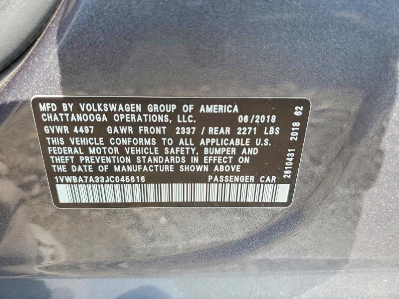 47740336 :رقم المزاد ، 1VWBA7A33JC045616 vin ، 2018 Volkswagen Passat مزاد بيع