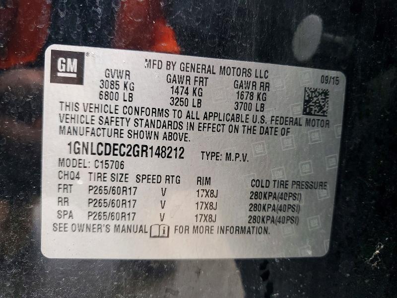 50847176 :رقم المزاد ، 1GNLCDEC2GR148212 vin ، 2016 Chevrolet Tahoe مزاد بيع