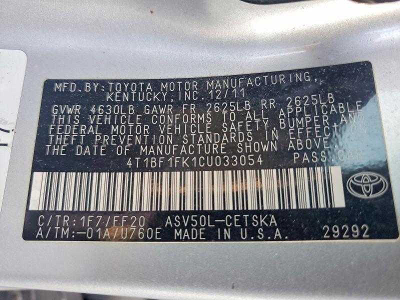 Aukcja sprzedaży 2012 Toyota Camry, vin: 4T1BF1FK1CU033054, numer aukcji: 48757666