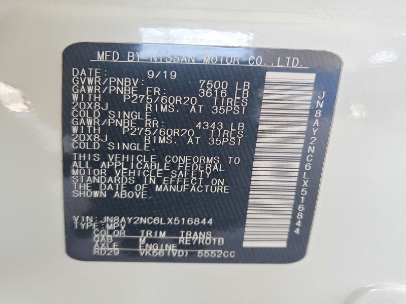 50840086 :رقم المزاد ، JN8AY2NC6LX516844 vin ، 2020 Nissan Armada مزاد بيع