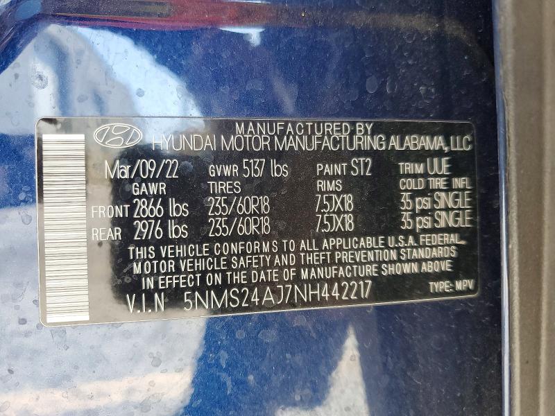2022 Hyundai Santa Fe მანქანა იყიდება აუქციონზე, vin: 5NMS24AJ7NH442217, აუქციონის ნომერი: 50021076