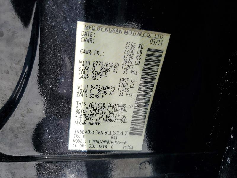 50308746 :رقم المزاد ، 1N6BA0EC3BN316147 vin ، 2011 Nissan Titan مزاد بيع