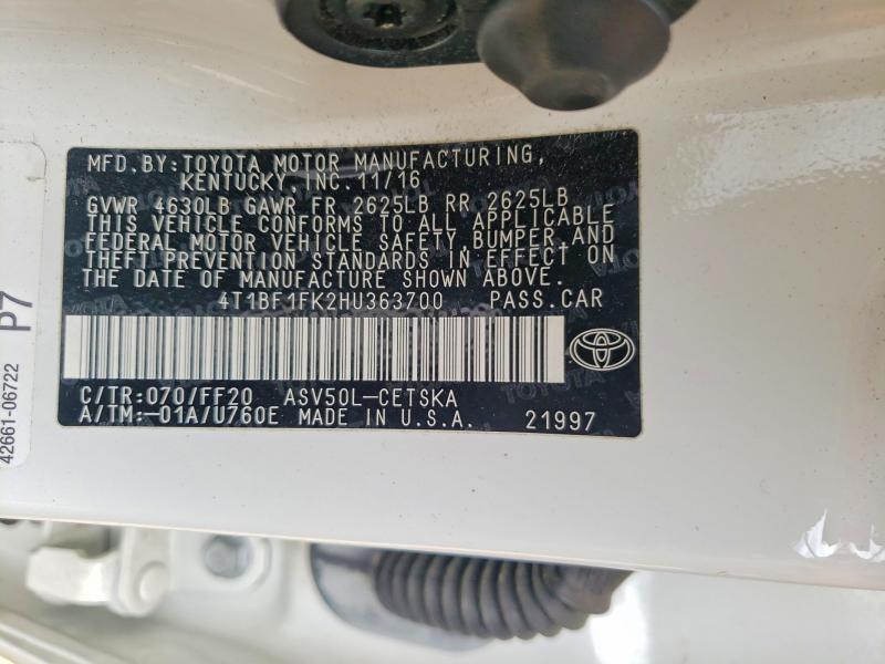2017 Toyota Camry მანქანა იყიდება აუქციონზე, vin: 4T1BF1FK2HU363700, აუქციონის ნომერი: 50527096