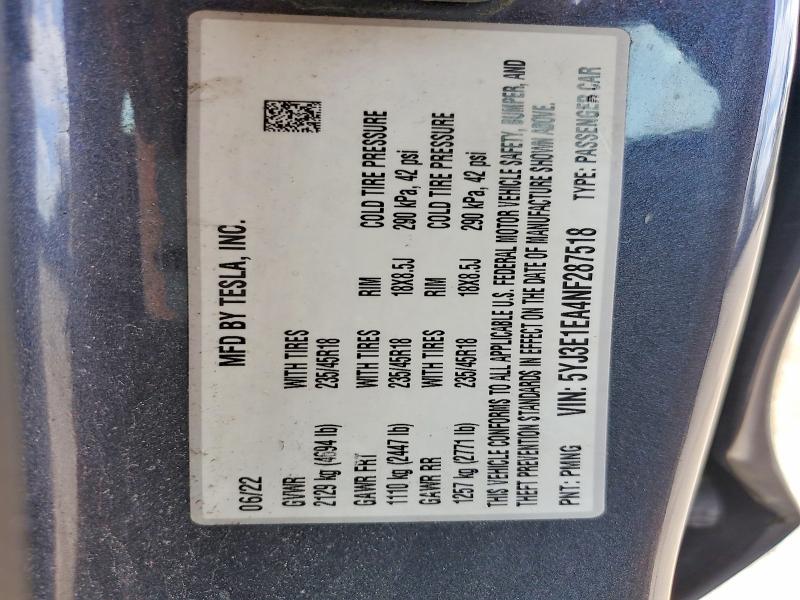 49898766 :رقم المزاد ، 5YJ3E1EA4NF287518 vin ، 2022 Tesla Model 3 مزاد بيع