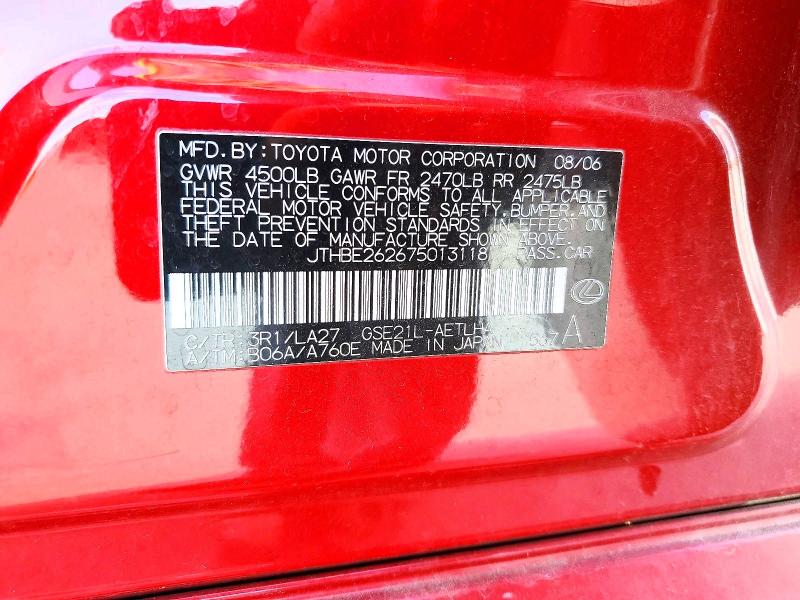 50610156 :رقم المزاد ، JTHBE262675013118 vin ، 2007 Lexus Is مزاد بيع