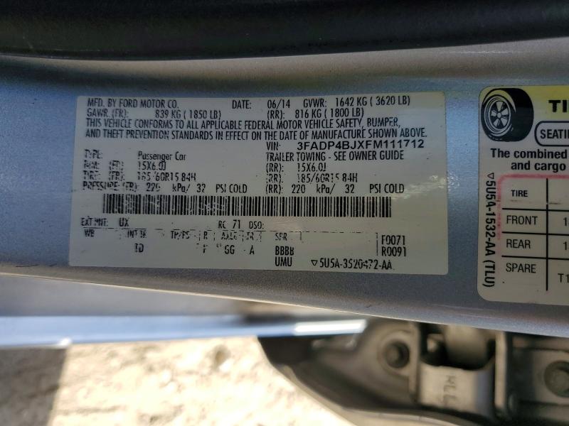 2015 Ford Fiesta მანქანა იყიდება აუქციონზე, vin: 3FADP4BJXFM111712, აუქციონის ნომერი: 50492286