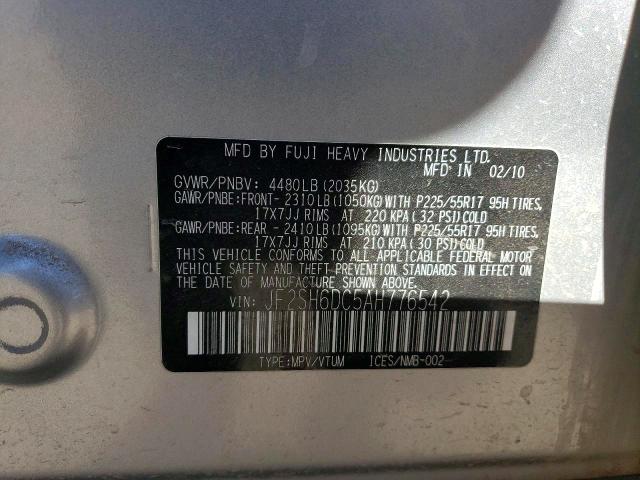 Продаж на аукціоні авто 2010 Subaru Forester, vin: JF2SH6DC5AH776542, номер лоту: 50724386