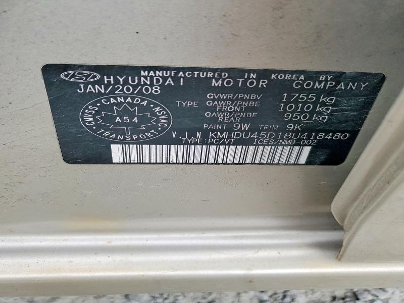 2008 Hyundai Elantra მანქანა იყიდება აუქციონზე, vin: KMHDU45D18U418480, აუქციონის ნომერი: 51476106
