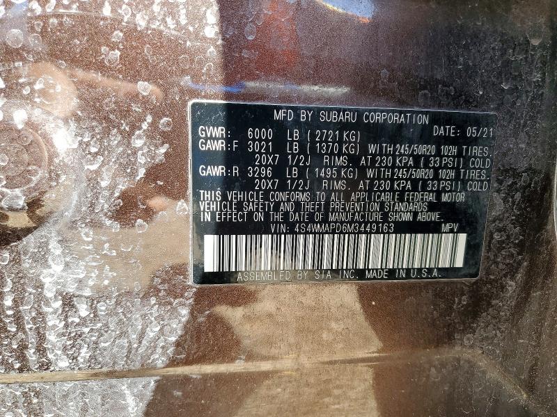 49941436 :رقم المزاد ، 4S4WMAPD6M3449163 vin ، 2021 Subaru Ascent مزاد بيع