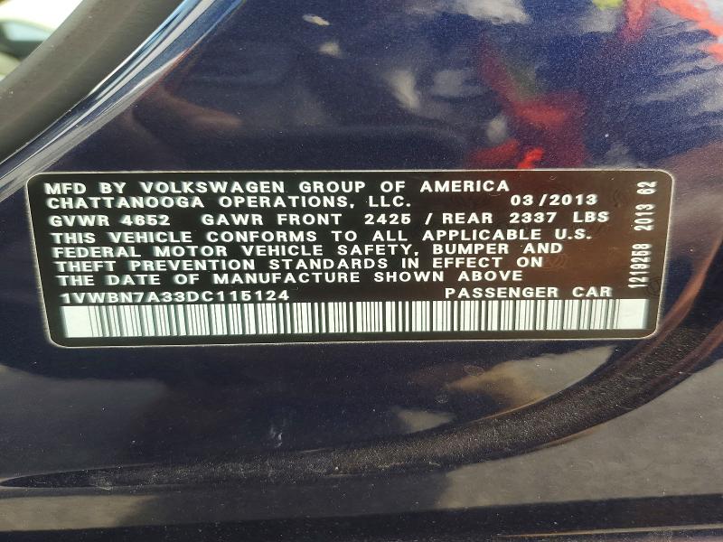 2013 Volkswagen Passat მანქანა იყიდება აუქციონზე, vin: 1VWBN7A33DC115124, აუქციონის ნომერი: 51267756