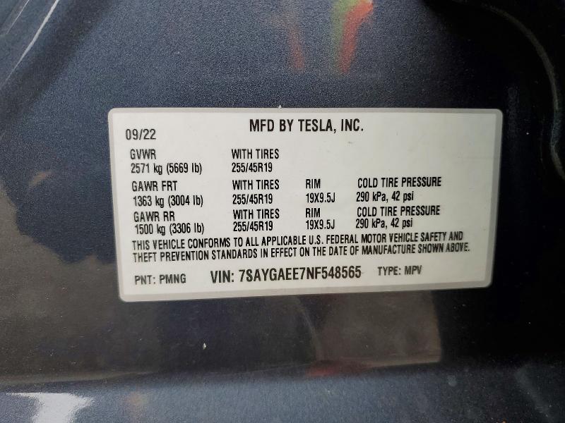 51178386 :رقم المزاد ، 7SAYGAEE7NF548565 vin ، 2022 Tesla Model Y مزاد بيع