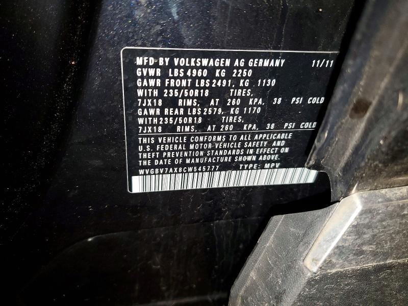 49736096 :رقم المزاد ، WVGBV7AX8CW545777 vin ، 2012 Volkswagen Tiguan مزاد بيع