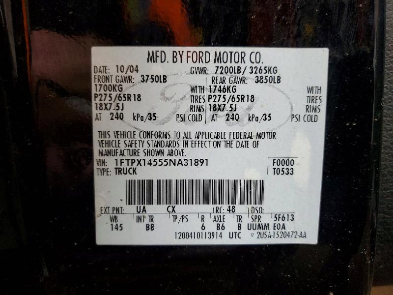 2005 Ford F150 მანქანა იყიდება აუქციონზე, vin: 1FTPX14555NA31891, აუქციონის ნომერი: 49879126