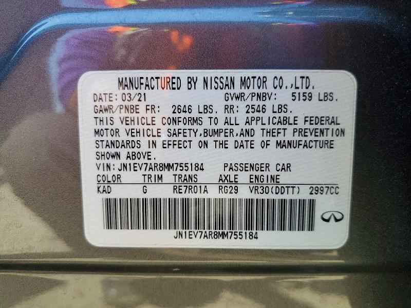 49564476 :رقم المزاد ، JN1EV7AR8MM755184 vin ، 2021 Infiniti Q50 مزاد بيع