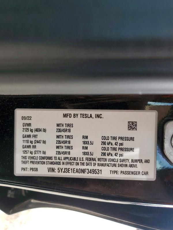Продаж на аукціоні авто 2022 Tesla Model 3, vin: 5YJ3E1EA0NF349531, номер лоту: 49490186