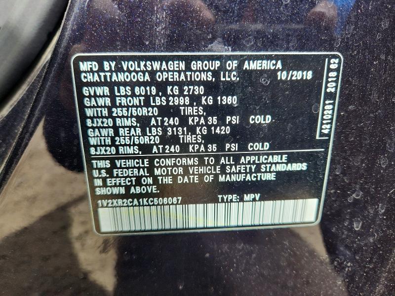 51606396 :رقم المزاد ، 1V2XR2CA1KC506067 vin ، 2019 Volkswagen Atlas مزاد بيع