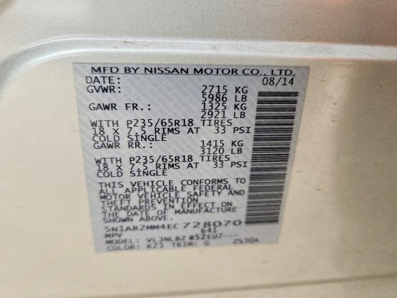 49120626 :رقم المزاد ، 5N1AR2MM4EC728070 vin ، 2014 Nissan Pathfinder مزاد بيع