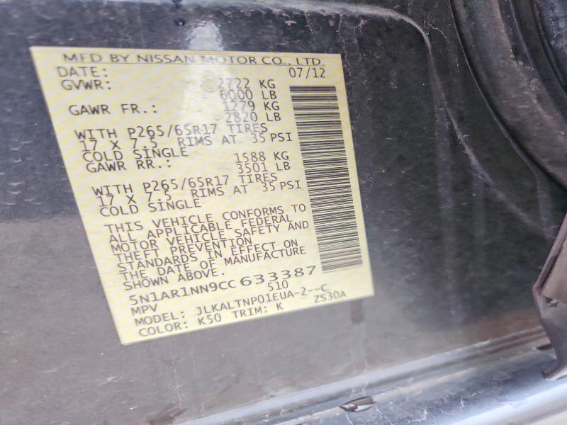 2012 Nissan Pathfinder მანქანა იყიდება აუქციონზე, vin: 5N1AR1NN9CC633387, აუქციონის ნომერი: 49802546