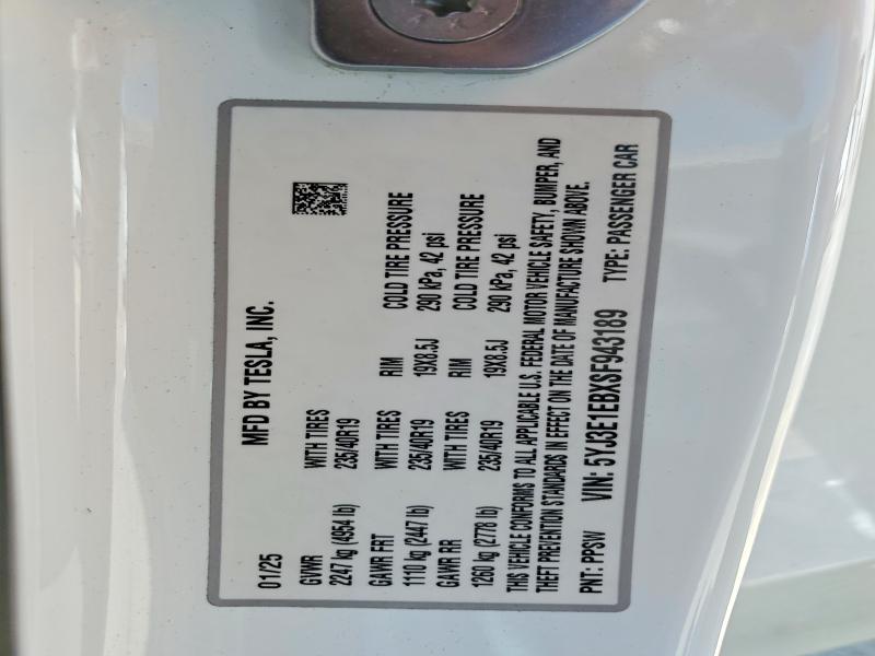 Aukcja sprzedaży 2025 Tesla Model 3, vin: 5YJ3E1EBXSF943189, numer aukcji: 52018116