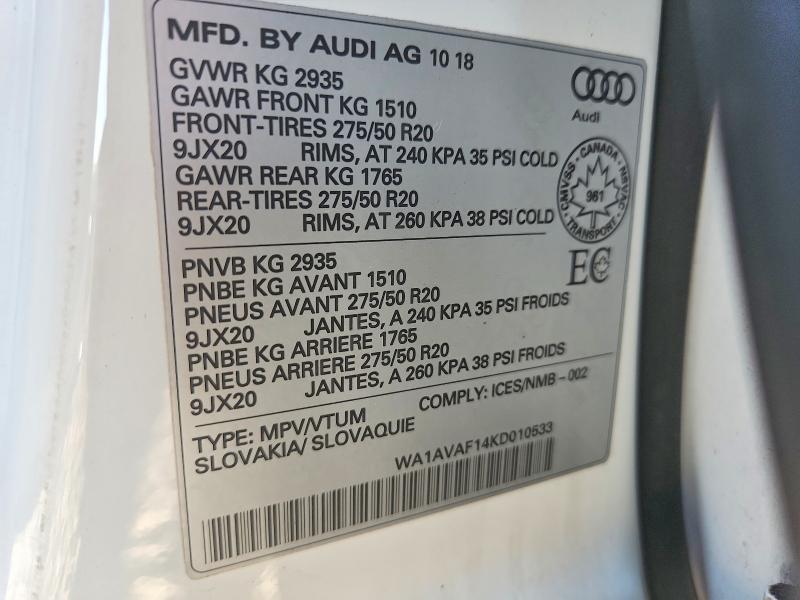 2019 Audi Q8 მანქანა იყიდება აუქციონზე, vin: WA1AVAF14KD010533, აუქციონის ნომერი: 50636396