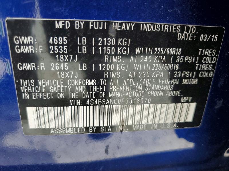 Aukcja sprzedaży 2015 Subaru Outback, vin: 4S4BSANC0F3318070, numer aukcji: 51511846
