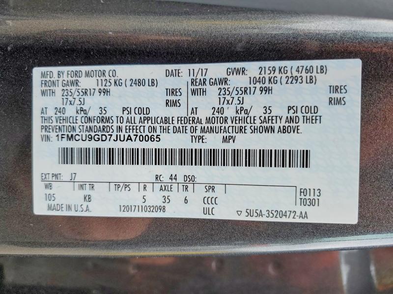 Aukcja sprzedaży 2018 Ford Escape, vin: 1FMCU9GD7JUA70065, numer aukcji: 51137016