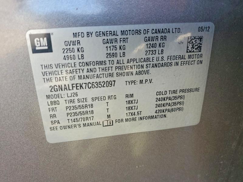 50280646 :رقم المزاد ، 2GNALFEK7C6352097 vin ، 2012 Chevrolet Equinox مزاد بيع