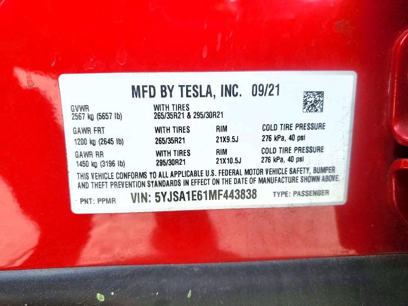 Aukcja sprzedaży 2021 Tesla Model S, vin: 5YJSA1E61MF443838, numer aukcji: 49280596