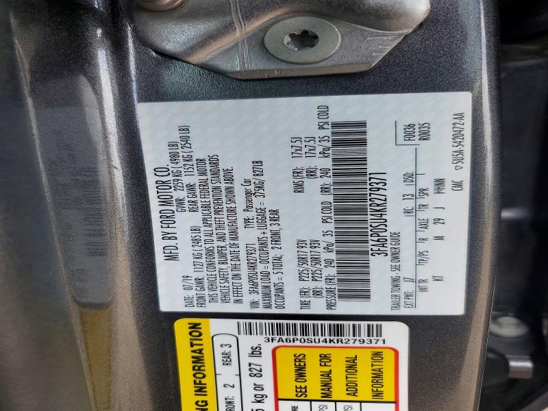 2019 Ford Fusion მანქანა იყიდება აუქციონზე, vin: 3FA6P0SU4KR279371, აუქციონის ნომერი: 50054426
