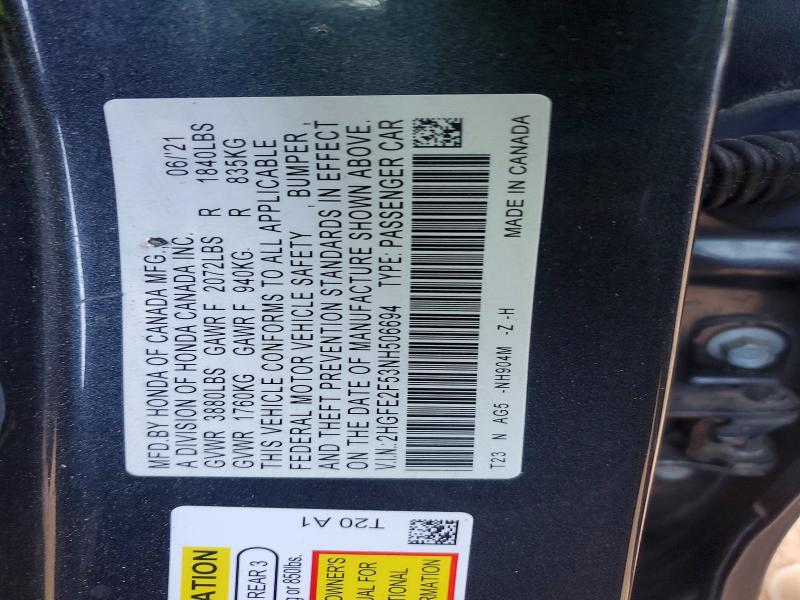 2022 Honda Civic მანქანა იყიდება აუქციონზე, vin: 2HGFE2F53NH506694, აუქციონის ნომერი: 50310856
