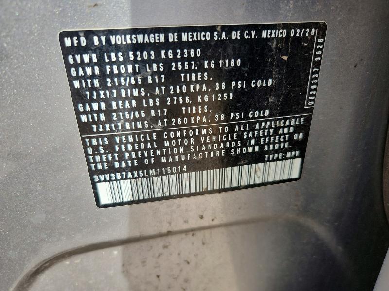 48543566 :رقم المزاد ، 3VV3B7AX5LM115014 vin ، 2020 Volkswagen Tiguan مزاد بيع