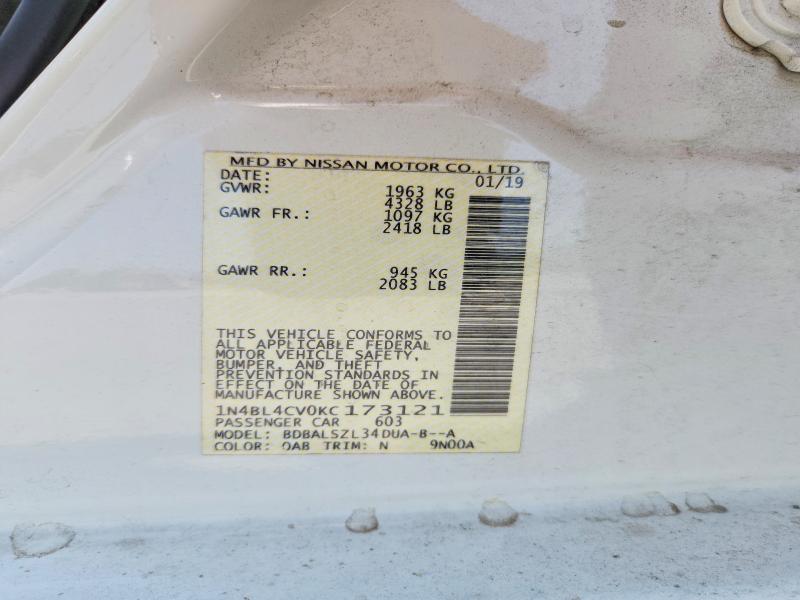 2019 Nissan Altima მანქანა იყიდება აუქციონზე, vin: 1N4BL4CV0KC173121, აუქციონის ნომერი: 50587116