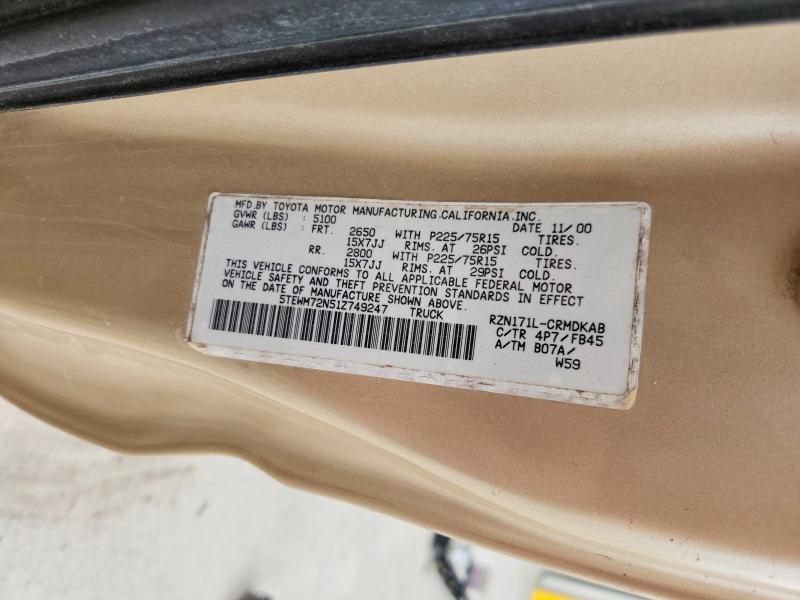 2001 Toyota Tacoma მანქანა იყიდება აუქციონზე, vin: 5TEWM72N51Z749247, აუქციონის ნომერი: 51176796