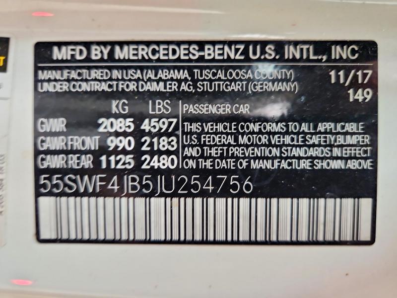 Aukcja sprzedaży 2018 Mercedes-benz C, vin: 55SWF4JB5JU254756, numer aukcji: 50498486
