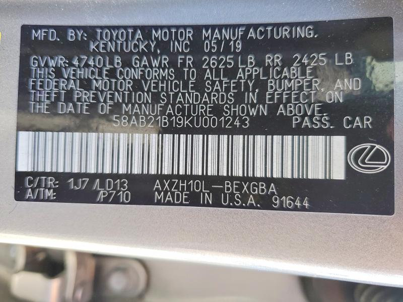 51329436 :رقم المزاد ، 58AB21B19KU001243 vin ، 2019 Lexus Es 300h مزاد بيع