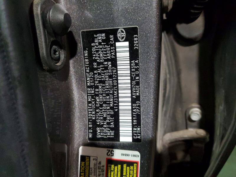 2020 Toyota Camry Hybrid მანქანა იყიდება აუქციონზე, vin: 4T1J31AK7LU012267, აუქციონის ნომერი: 50246886