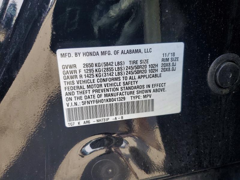 47650686 :رقم المزاد ، 5FNYF6H01KB041329 vin ، 2019 Honda Pilot مزاد بيع