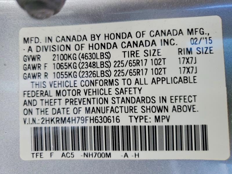 Продаж на аукціоні авто 2015 Honda Cr-v, vin: 2HKRM4H79FH630616, номер лоту: 50567096