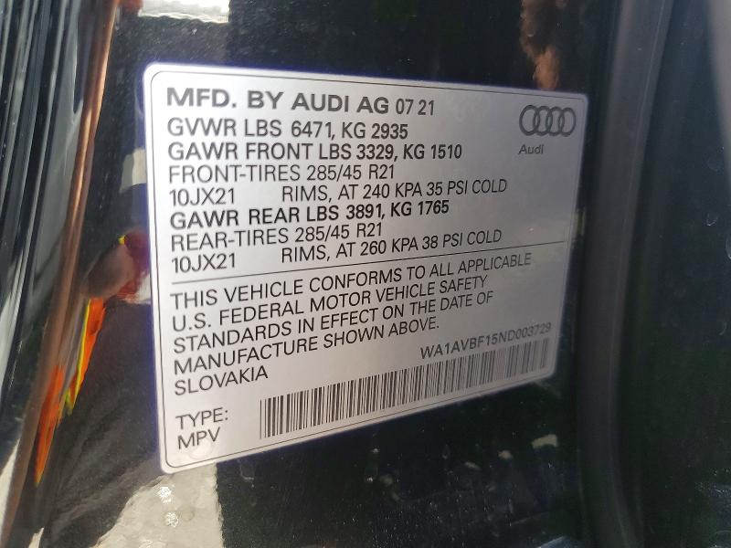 2022 Audi Q8 მანქანა იყიდება აუქციონზე, vin: WA1AVBF15ND003729, აუქციონის ნომერი: 49174766