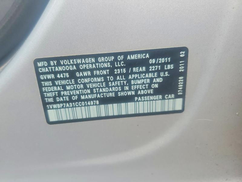 Aukcja sprzedaży 2012 Volkswagen Passat, vin: 1VWBP7A31CC014978, numer aukcji: 51571426
