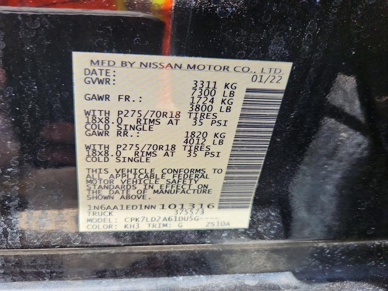 Aukcja sprzedaży 2022 Nissan Titan, vin: 1N6AA1ED1NN101316, numer aukcji: 50883306