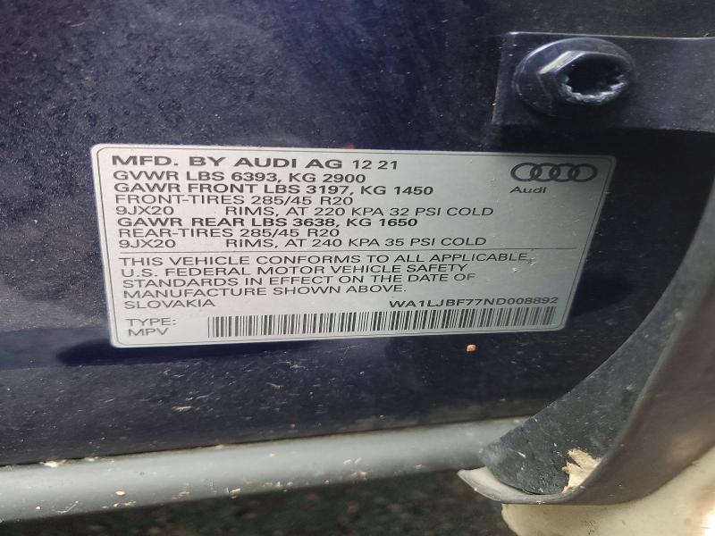 Продаж на аукціоні авто 2022 Audi Q7, vin: WA1LJBF77ND008892, номер лоту: 49833846