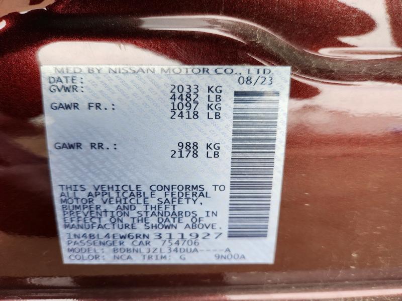 2024 Nissan Altima მანქანა იყიდება აუქციონზე, vin: 1N4BL4EW6RN311927, აუქციონის ნომერი: 50284156