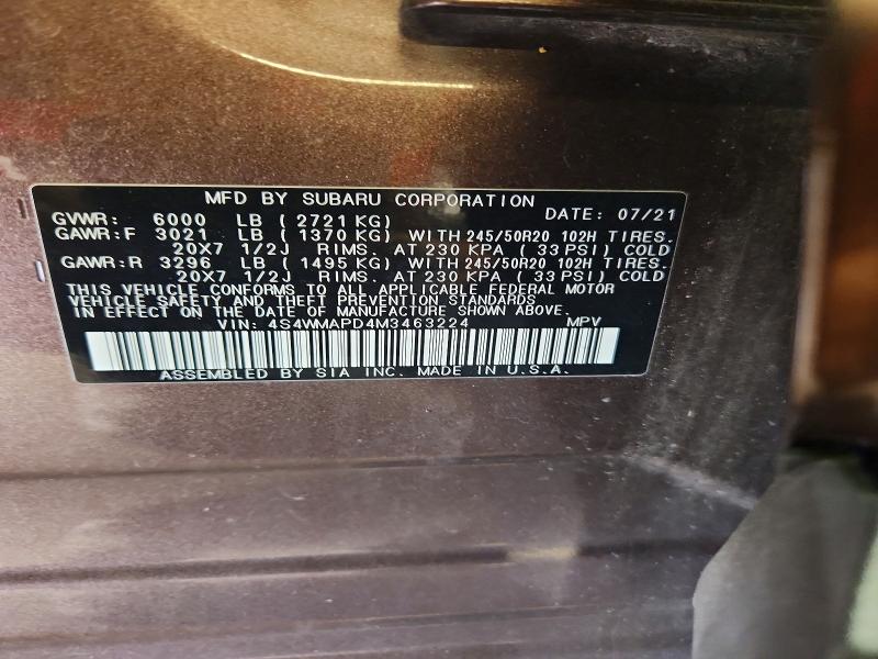 50880826 :رقم المزاد ، 4S4WMAPD4M3463224 vin ، 2021 Subaru Ascent مزاد بيع