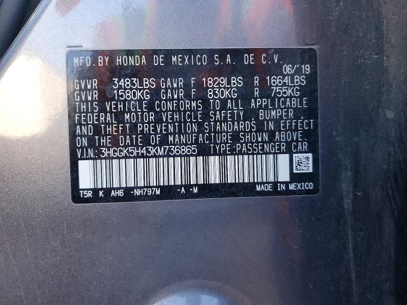 Продаж на аукціоні авто 2019 Honda Fit, vin: 3HGGK5H43KM736865, номер лоту: 50125876