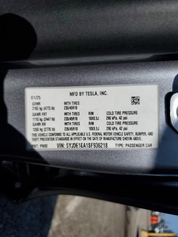 2025 Tesla Model 3 მანქანა იყიდება აუქციონზე, vin: 5YJ3E1EA1SF936218, აუქციონის ნომერი: 51808346